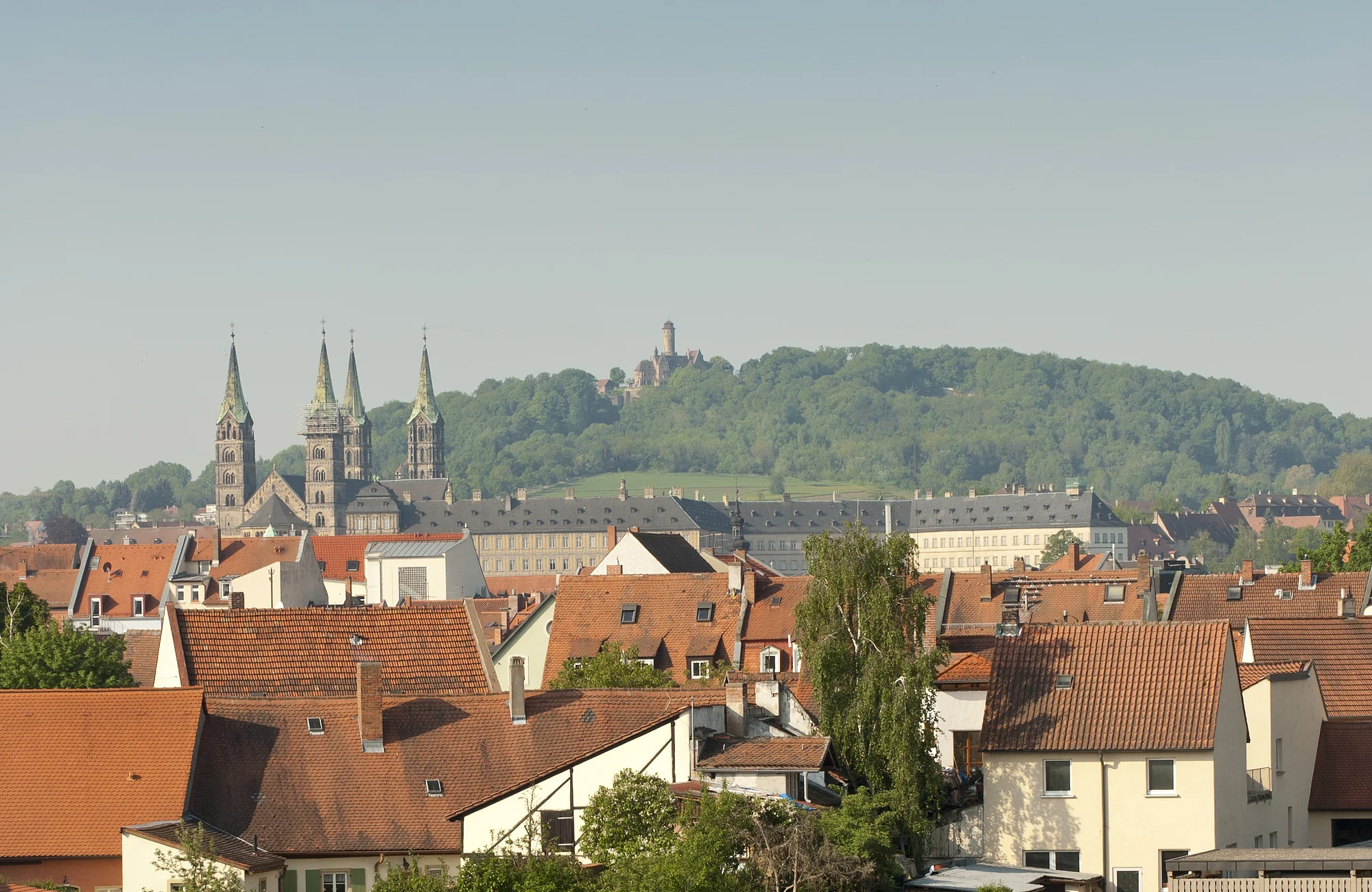 Blick über die Gärtnerstadt mit grünen Gärten und charmanten Dächern.