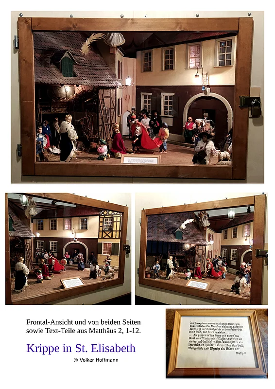 Anbetung der Könige: Frontal-Ansicht und von beiden Seiten sowie Text-Teile aus Matthäus 2, 1-12.